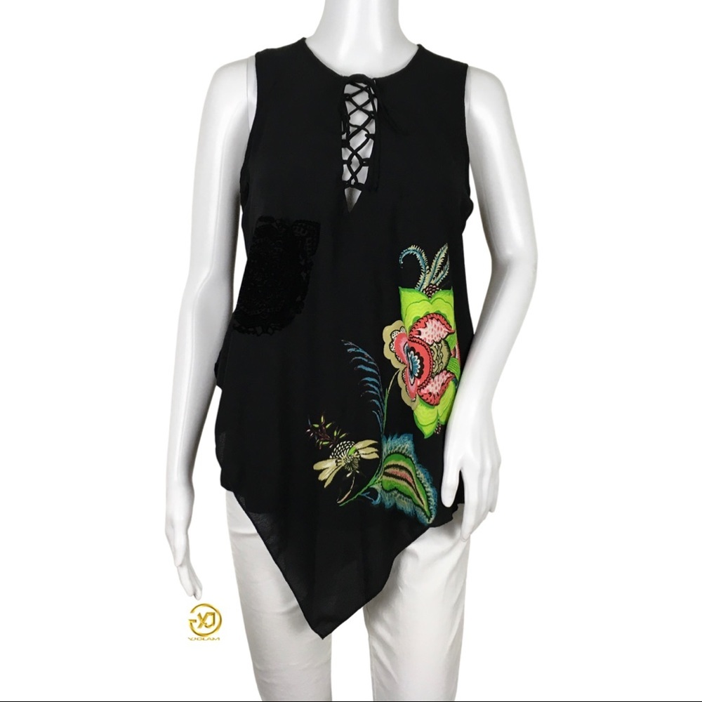 NWT Desigual Women's Asymmetrical Embroidery Floral Top Black Sz S